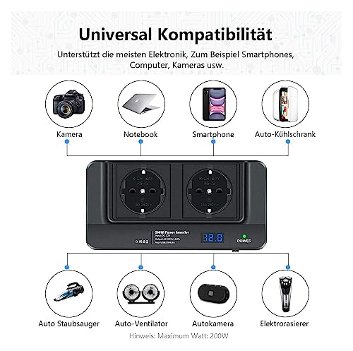 Solución para cargar portátiles y móviles en el coche con inversor de 200W y 4 USB 4