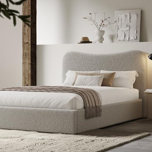 Image of Blisswood King Size Ottoman Bed Frame, Large 5FT Bedframe Modern Curved Teddy Fabric Storage Bed with Headboard, Upholstered Gas Lift Ottoman Bed for Bedroom or Guest Room & Metal Frame, Light Grey