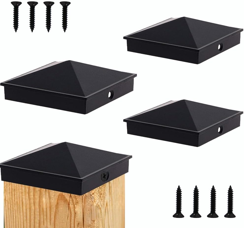 Azdele 4x4 Heavy Duty Aluminum Pyramid Post Caps Cover for 4x4 Nominal Wood Post(True 3.5" x 3.5"), with Matte Finish Powder Coated Surface, for Fence Wood Post of Decks or Corridors Black 4 Pack