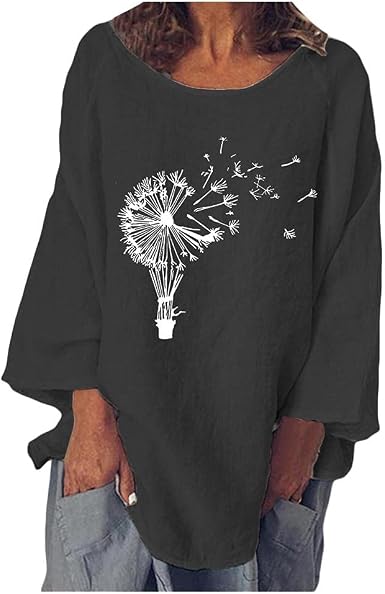 Amazon.com: Camisetas de manga larga de algodón y lino para mujer, tallas  grandes, cuello redondo, estampado de diente de león : Ropa, Zapatos y  Joyería