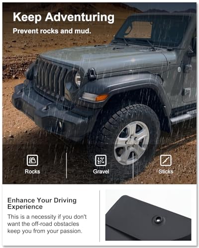 Image of Kiwi Master Mud Flaps for 2018-2026 Jeep Wrangler JL (Not Fits Willys /Rubicon /4xe), OEM Replacement # 82215333 82215332AB, Heavy Duty Mud Guards, Front & Rear Splash Guards, 4 Pcs Set