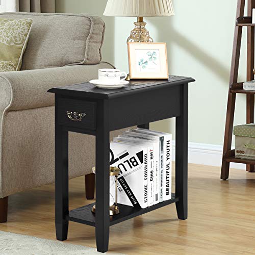 Narrow End Table Tangkula, Drawer & Open Shelf, 9.8 x 23.6 x 23.6 inches (1, Black)
