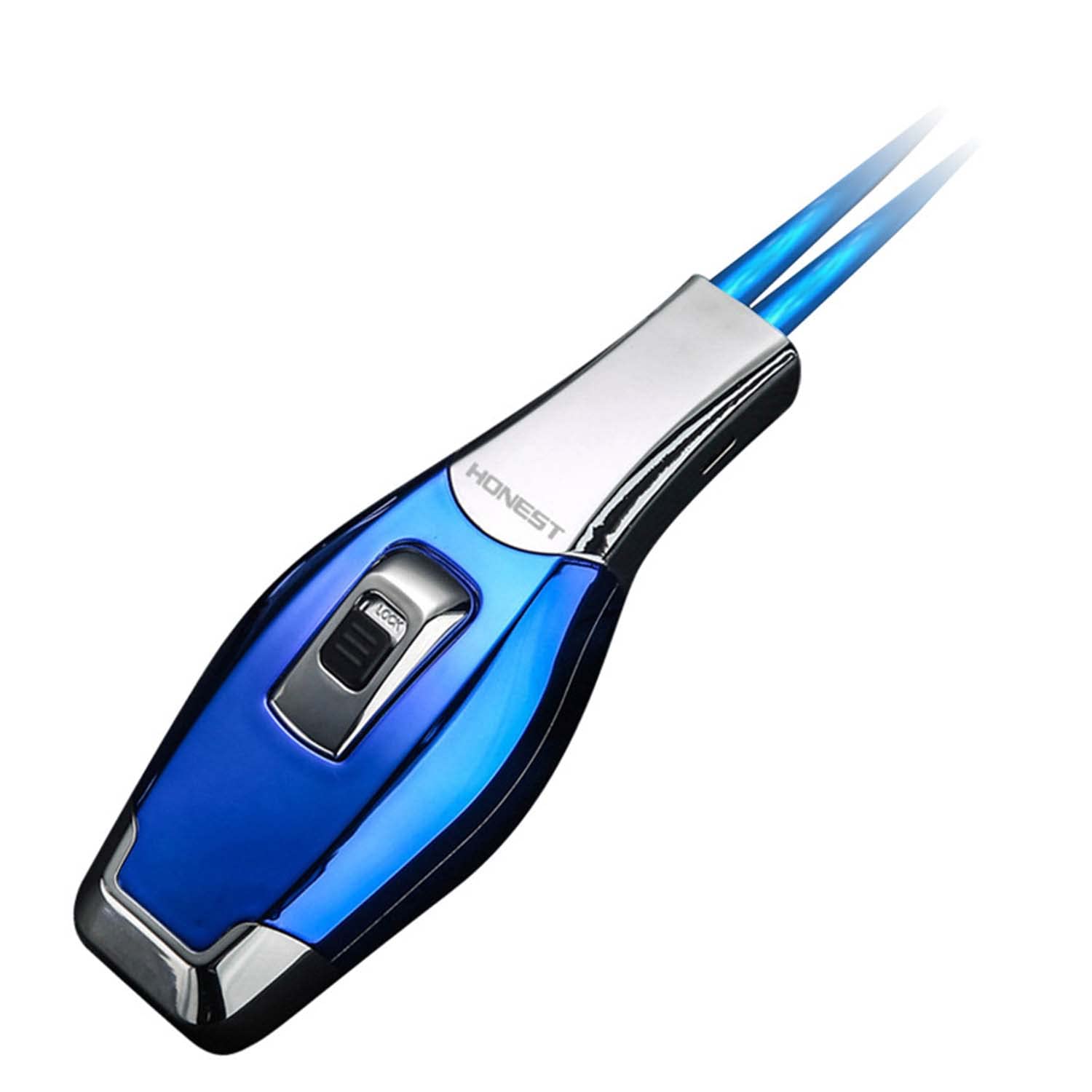 Briquet Torche Flamme à Double Jet Conception de Verrouillage de Sécurité avec Fenêtre Visible Portable Coupe-Vent Extérieur Bougie Briquet pour Barbecue de Camping (gaz Non Inclus)