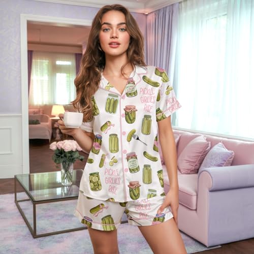 Image of HUNTFAMI Womens Soft Silky Satin Pajamas Set, 2 Pcs Sleep Short Pajamas for Mom and Grandma Button Down Summer Loungewear