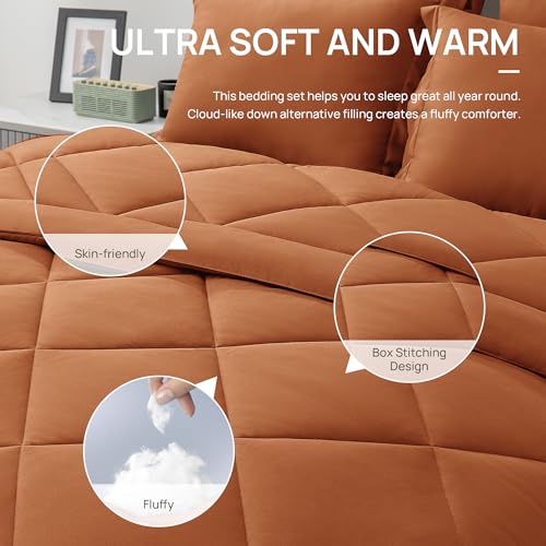 Love's cabin King Size Comforter Set Terracotta, 7 Pieces King Bed in a Bag, All Season Bedding Sets with 1 Comforter, 1 Flat Sheet, 1 Fitted Sheet, 2 Pillowcase and 2 Pillow Sham by Love's cabin - Image 5