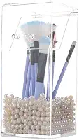 Sooyee Porta-pincéis de maquiagem, organizador de pincéis de maquiagem com pérolas brancas de 8 mm, suporte de pincel de maquiagem à prova de poeira com tampa..