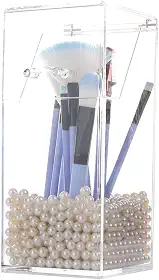 Sooyee Porta-pincéis de maquiagem, organizador de pincéis de maquiagem com pérolas brancas de 8 mm, suporte de pincel de maquiagem à prova de poeira com tampa..