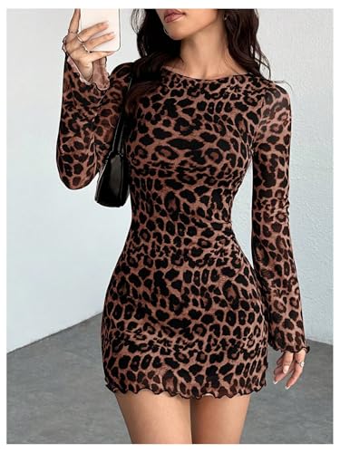Image of GORGLITTER Women's Y2k Mesh Sheer Leopard Print Mini Dress Concert Outfits | Long Sleeve, Backless, Cheetah Print, Bodycon, Cinch Waisted, Western Outfits, Country Concerts Dress
