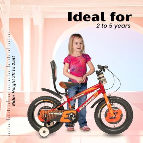 Image of VESCO Domin8 14T Kids Cycle for Boys & Girls, 14-Inch with Balance Wheel, Back Rest & Rigid Fork |9 Inch Frame Size | Ideal for Ages 3-6 Years (Orange)