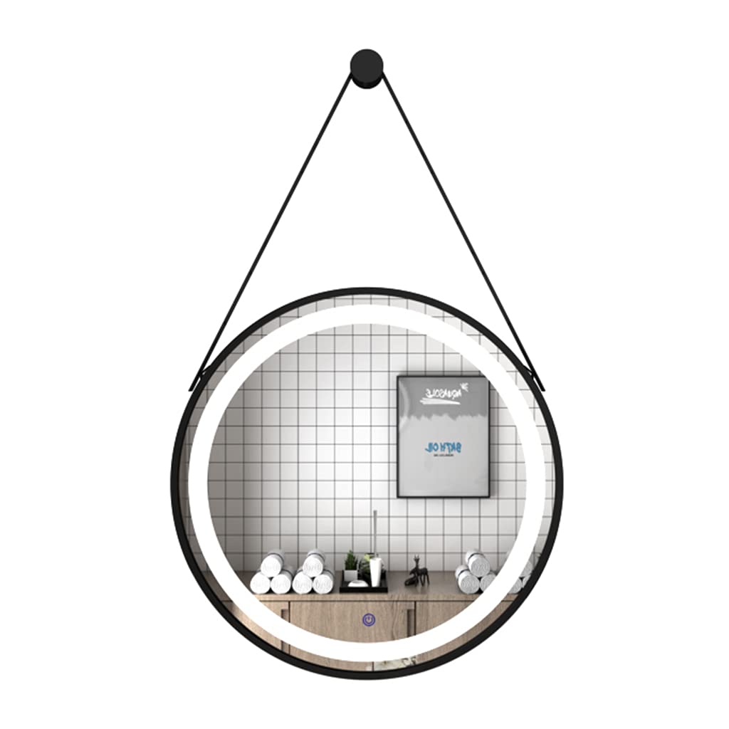 LED Illuminated Bathroom Mirrors Round Wall Mirror with Light Touch Control Black Metal Frame Hanging Makeup Mirror for