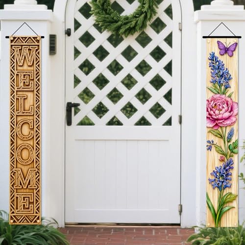 Image of Nuxovilar Welcome Peony Butterfly Porch Banners 12x70 Inches Polyester | Spring Porch Sign, Hanging Decor Floral welcome Banner, Peony Wreath Accent Garden, Porch, Patio (Welcome Peony)