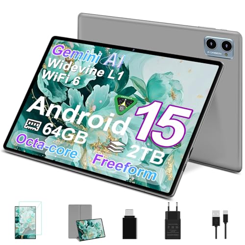 SUAAT Tablette Android 15 Avec 30Go RAM +2TB TF Extensible,Freeform,10 Pouces,WiFi 6, 8-Cores, GMS, 8MP+5MP, Widevine L1, Play Store, Écran partagé, Tablette Tactile | Etui-Gray