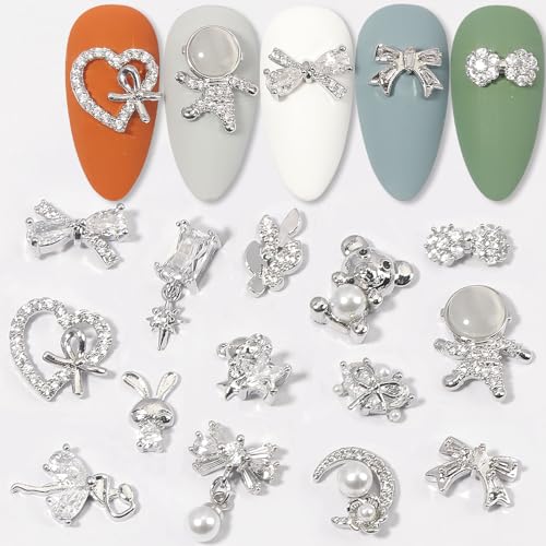 HNUIX Nail Charms and Gems - Silver Copper Zircon, Multiple Shapes 3D Dangle, Metal Luxury Jewelry Rhinestones for Nails 14 Pieces