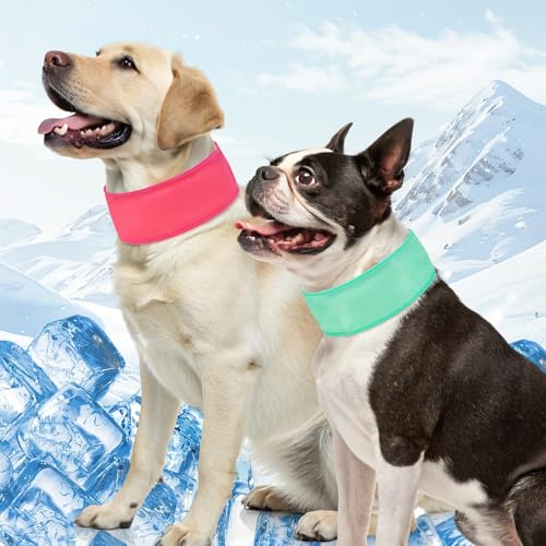 SCENEREAL 2 Pack Dog Cooling Bandana Neck Wraps Instant Chill Pet Bandanas for Summer Hot Weather Adjustable Reusable Ice Scarf Bib Gel Cooler for Small to Large Dogs Indoor Outdoor Pink & Green L