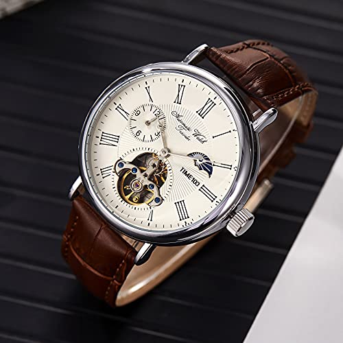 TIME100 Mens Leather Watches Automatic Mechanical Skeleton Tourbillon Luxury Self Winding Dress Wrist Watches Moon Phase Waterproof Luminous Bronze White — view 6
