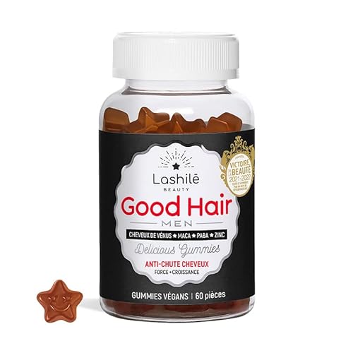 LASHILÉ BEAUTY - Compléments Alimentaires - Pousse des Cheveux - Good Hair Men Vitamins - Cure 1 mois - 60 Gummies - Fabrication Française - Zinc, Vitamine B6, Vitamine B10, Maca Cover
