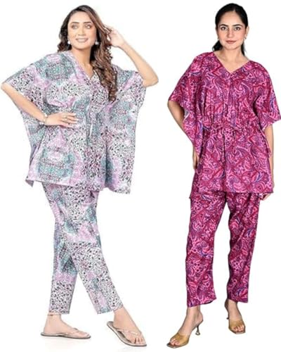 Image of Vlazom Women's 100% Cotton Printed Kaftan & Pyjama Set - Combo Pack of 2 | Free Size Nightwear with Pocket | Soft Cotton Loungewear Co-ord for Women