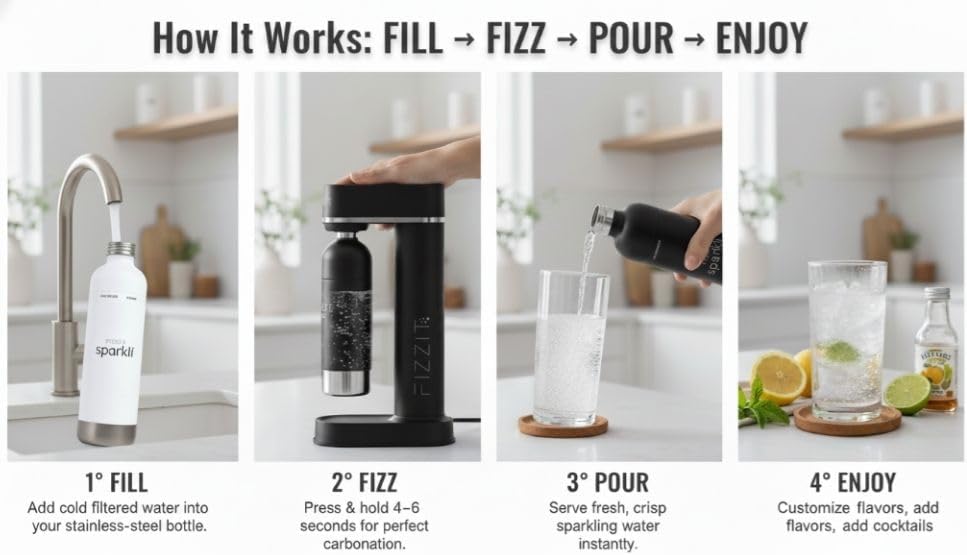 Miniatura 6 de Fizzit Spärklï - Máquina de soda carbonatada con botella de acero inoxidable incluida, apta para lavavajillas (negro espárkli)