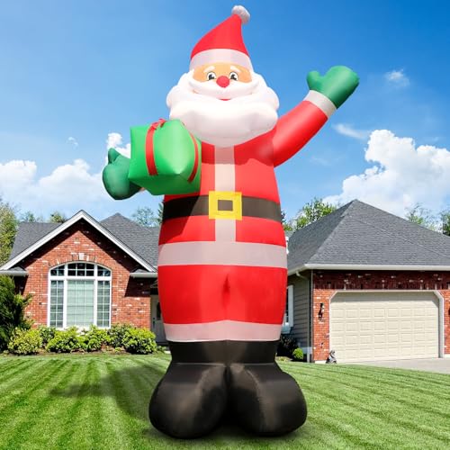 Omdekor Pai Natal insuflável grande de 10 pés com caixa de presente verde, decoração de Natal insuflável impermeável IP44, decoração de Natal LED de 300 cm para jardim com âncoras no chão.