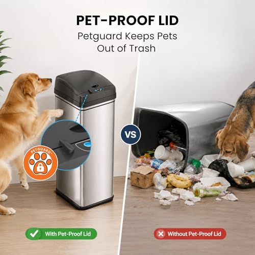 Image of iTouchless 50 Liter / 13 Gallon Sensor Dog-Proof Kitchen Trash Can with Lid Lock and AbsorbX Odor Filter, Touchless Lid, Stainless Steel Garbage Recycling Bin for Kitchen, Home, Office, Business