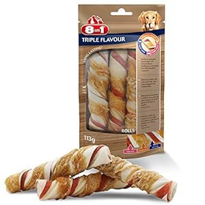 8in1 Triple Flavour Rolls – Rouleaux à Mâcher pour Chien adulte – Plus de viande, plus de durée de mâche – Limite le Tartre – Sans OGM, Conservateur Artificiel