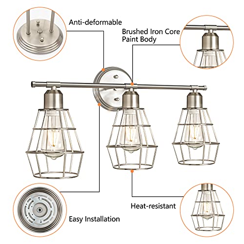 Shine Hai 3-Light Bathroom Vanity Light Fixture, Industrial Brushed Nickel Wall Sconce With Metal Cage, Farmhouse Wall Light Fixture, Vintage Wall Lamp For Dressing Table, Mirror Cabinets, Kitchen #TOP1