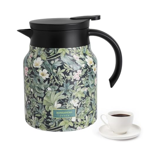 KQDRAVINE Théière avec Infuseur à Motif Floral, 1000ml Cafetière Thermos Café en Acier Inoxydable, Double Couche Theiere Isotherme, Bouilloire à Thé...