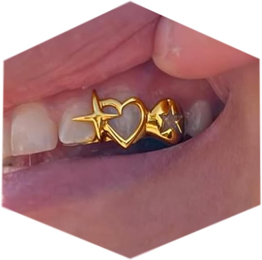 Longita Gold Teeth Grillz for Women Grills for Your Teeth Men Gold Tooth Cap Grillz for Women Golden Tooth Jewelry Cross Heart Mouth Grills Men Hip Hop Outfits Custom Accessory Halloween Party