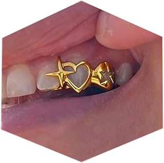 Longita Gold Teeth Grillz for Women Grills for Your Teeth Men Gold Tooth Cap Grillz for Women Golden Tooth Jewelry Cross Heart Mouth Grills Men Hip Hop Outfits Custom Accessory Halloween Party
