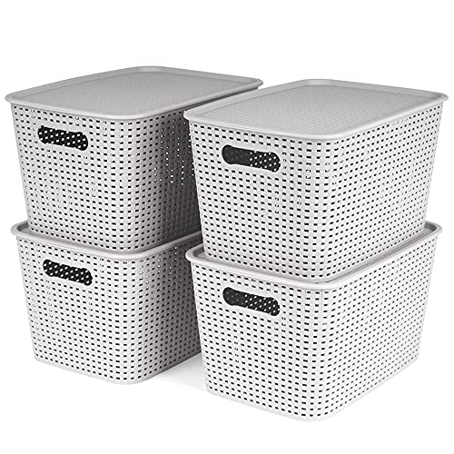 Image of Plastic Bins Large Storage with Lids | Korean Organizer Bin Basket Set for Organizing Baskets in Closet and Home (GRAY, LARGE 4PK)