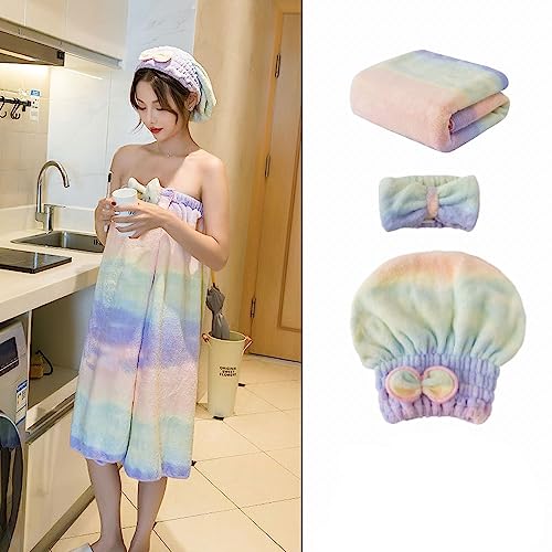 YMSHOPE Women's Rainbow Body Wrap Quick Dry Hair Cap Set (Purple)