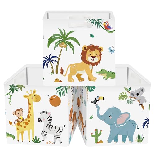 Clastyle Lot de 3 Boite Rangement Tissu Animaux Forêt Cube de Rangement Pliable Garçons Filles Panier Kallax pour Salle de Bain, Lion Éléphant, 30x30x30 cm