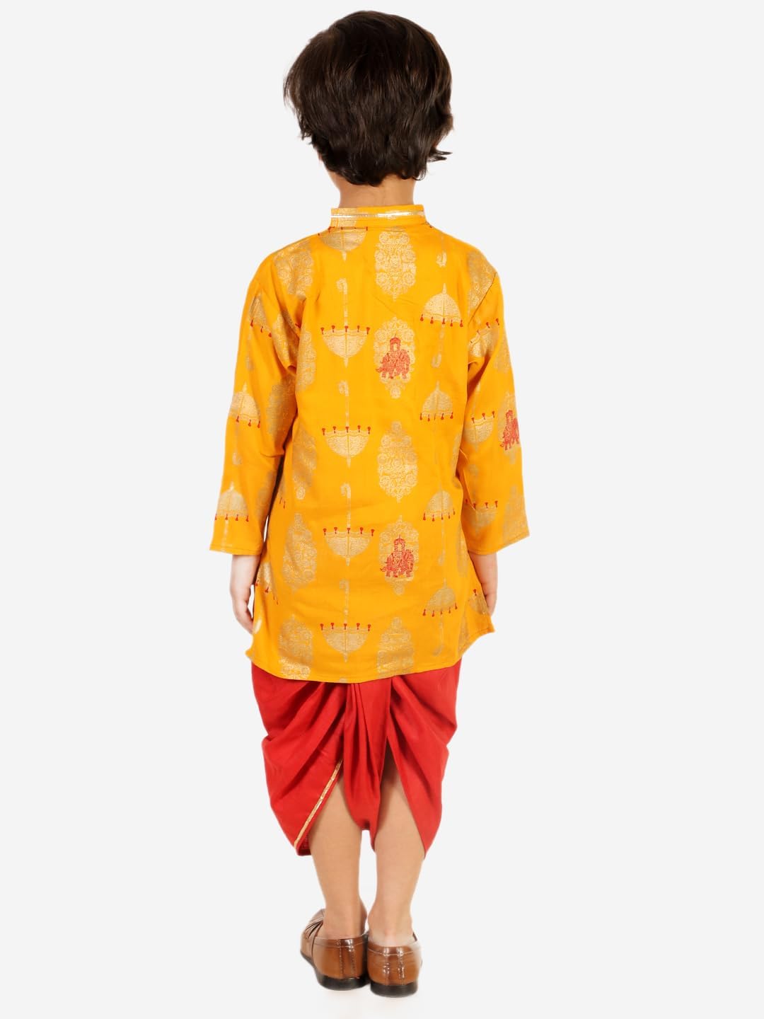 Superminis Boy's Golden Foil Printed Side Open Cotton Kurta, Round Collar, Full Sleeves With Cream Color Dhoti, Kurta Set - Image 3