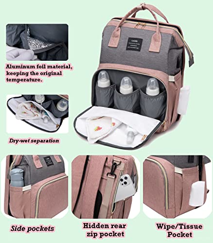 Naniruok Diaper Bag Backpack, Travel Bags, Multifunctional Mommy Bag with USB Charging Port, Large Capacity, Waterproof and Stylish (Pink-grey) - Thumbnail 3