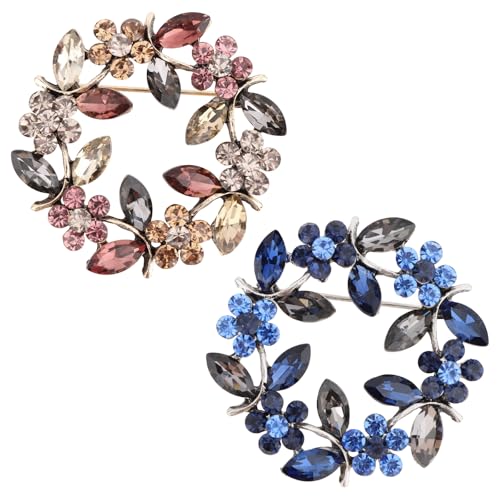 Image of KEUKORZ 2Pcs Flower Wreath Rhinestone Brooches, Blue & Brown Crystal Brooch Pins for Women Ladies Girls, Elegant Scarf Pin Badge for Coat Sweater Hat Bag Accessories, Birthday Friendship Gift