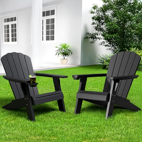 NUNU LAB Outdoor Adirondack Chairs Set of 2,Plastic Adirondack Chair with Cup Holder,Weather Resistant Patio Chairs, HDPE Adirondack Lawn Chairs for Poolside Backyard Lawn Patio Fire Pit