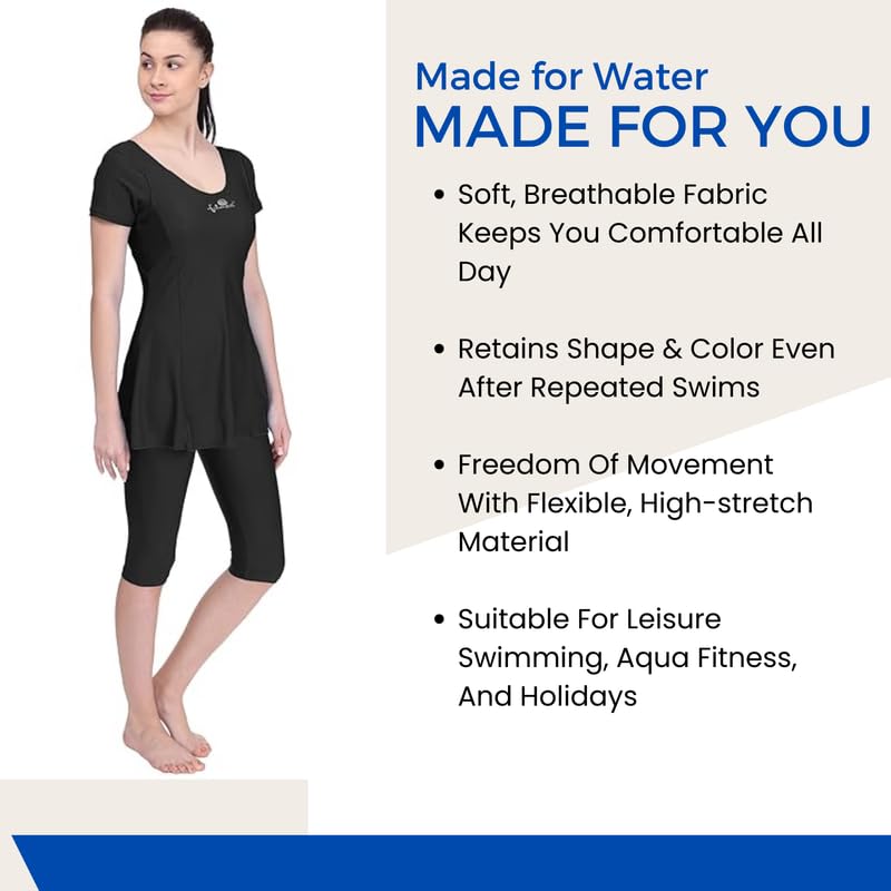 Image of Originals Swimming Costume for Women's One-Piece Beach Wear with Sleeve & Skirted 3 /4 Leggings Maximum Covered Swim Wear Dress (L - 7XL)