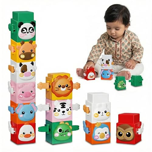 Image of Kidology 12 PCS Animal Stacking Cubes Set | Pressable Montessori Learning Blocks for Toddlers 1+ Years | Sensory Stacking Toys for 1 2 3 4 Year Old Boys & Girls | Travel Friendly Preschool Gift