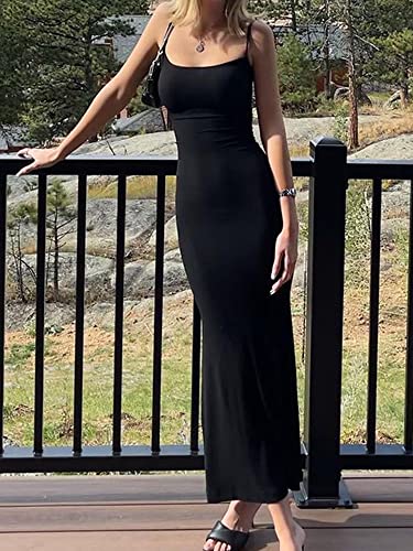 Women Sexy Low Cut Maxi Dress Sleeveless Cami Spaghetti Strap Sling Cami Bodycon Fishtail Long Dress Party Evening Maxi Dress (A-Black, M) - Image 8