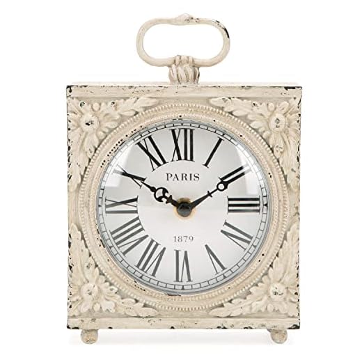 NIKKY HOME Small Table Clock with Handle, Silent Non-Ticking Shelf Desk Top Clock Battery Operated Vintage Rustic Design, Chic Home Decor for Fireplace Mantel, Desktop, Countertop, Distressed White