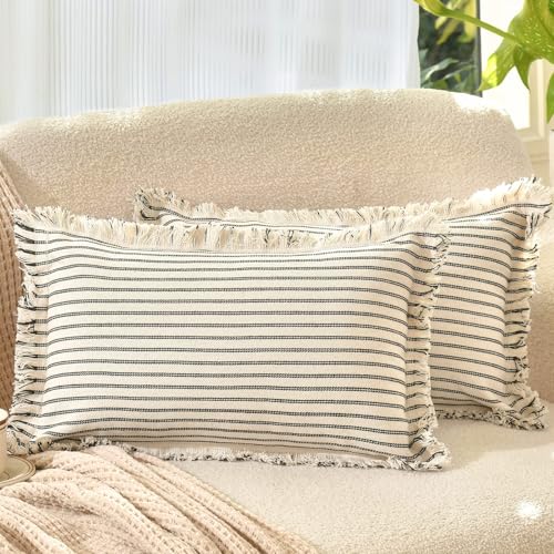 Image of ZWJD Throw Pillow Covers 12x20 Set of 2 Striped Pillow Covers with Fringe Chic Cotton Decorative Pillows Square Cushion Covers for Sofa Couch Bed Living Room Farmhouse Decor, (Black)