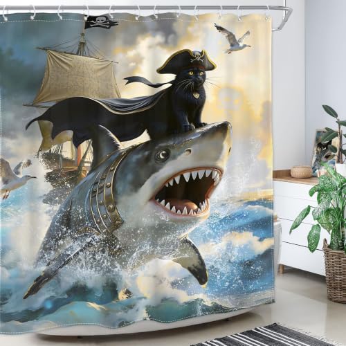 Image of Funny Black Cat Shower Curtain Kids Cute Animal Riding Shark Hilarious Surfing Cool Beach Ocean Waves Pirate Ship Cartoon 72Wx72H Inch Boys Men Waterproof Polyester Fabric Bathroom Bathtub