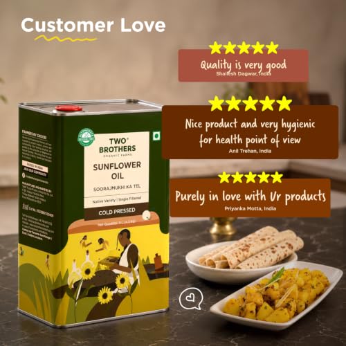 Image of Two Brothers Organic Farms India's Only Certified Glyphosate Free Sunflower Oil I Cold-Pressed (5L) | Rich in Omega-6 & Natural Antioxidants | Pure, Single-Filtered | Ideal for Frying, Sauteing & Tadka