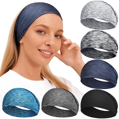 Workout Headbands for Women & Men, 6 Pack Non-Slip Wide Sweatbands - Thick Soft Elastic Hair Bands Accessories for Gym, Yoga, Running and Everyday Fashion