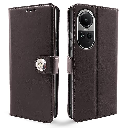 Image of Pikkme Oppo Reno 10 5G Flip Cover Leather Finish | Inside TPU with Card Pockets | Wallet Stand and Shock Proof | Complete Protection Button Flip Case (Coffee)