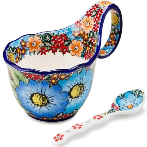 Cteaffee Ceramic Soup Cup and Soup Bowl With Handles - 18 Ounce With Spoon,Handpainted Decorative Oversized Porcelain Bowl,for soup, Ice Cream, Stew, Microwave and Dishwasher Safe (Blue Sunflower)