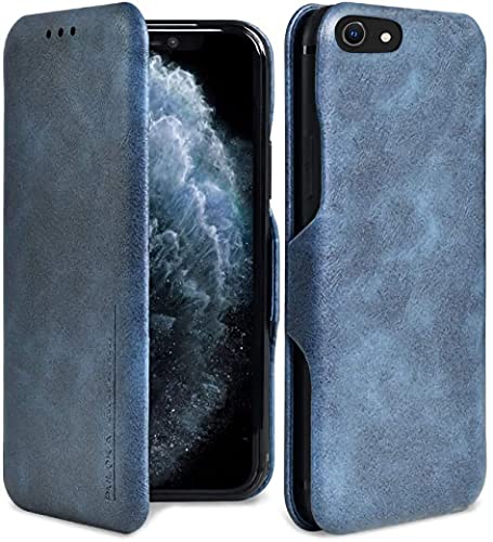 Image of PULOKA iPhone SE /7 /8 PU Leather Slim Flip Case Cover with Card Holder Compatible with iPhone SE /iPhone 7 / iPhone 8 (Blue)