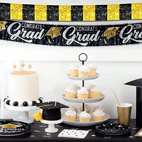 Image of 6 Pack 10 Feet Black Gold Foil Fringe Garland Metallic Tinsel Streamers Banner Wall Hanging Curtain Backdrop Banner for Parade Floats, Thanksgiving, Christmas, Birthday, Halloween Party Decorations