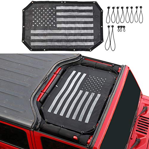 SQQP Mesh Sunshade Top Sunshade Cover Provides UV Sun Protection for 2007-2018 Jeep Wrangler JK JKU 2 4-Door, Durable Polyester (Black and White American Flag)