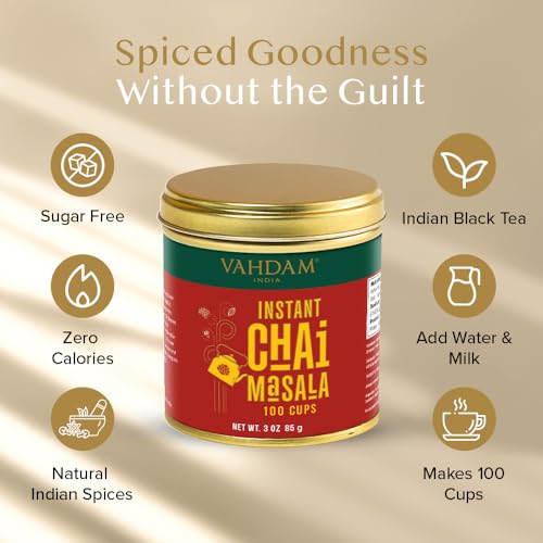Image of VAHDAM Instant Chai Tea (3oz /85g) - Traditional Masala Chai | Makes 100 Cups | Natural Spices, Zero Calories | Instant Indian Tea - No Steeping | Unsweetened Tea Powder | Free Bamboo Spoon Inside